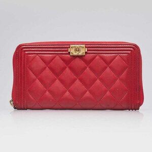 Chanel Red Quilted Lambskin Leather Boy Long Zipped Wallet